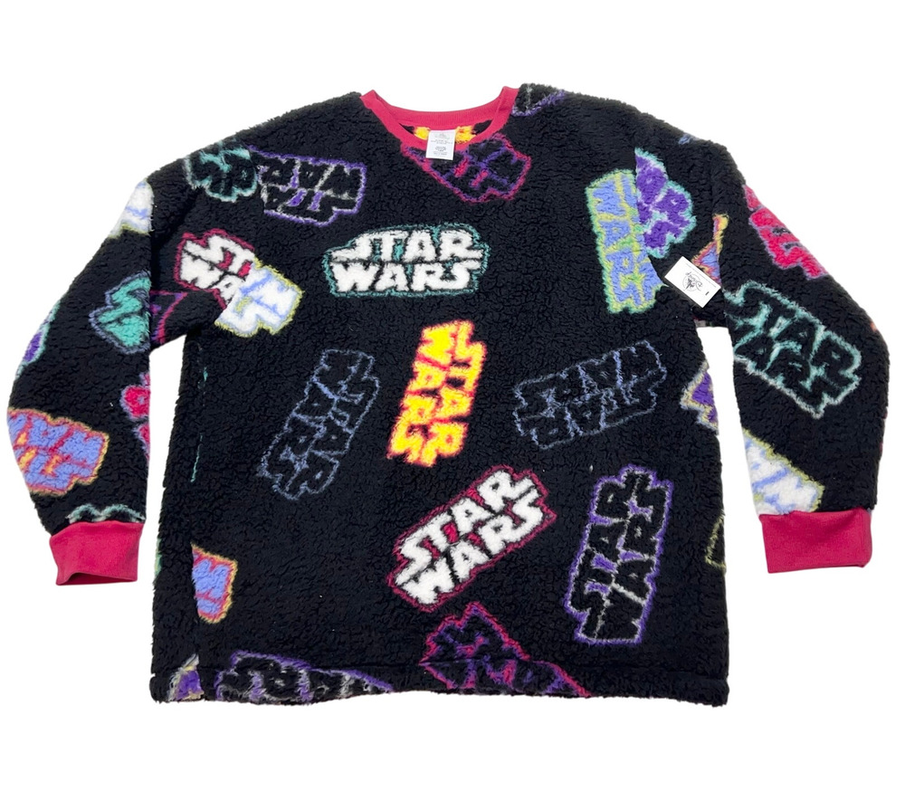 Disney Star Wars Sherpa Fleece Pullover Sweater Men Large Black All Over New
